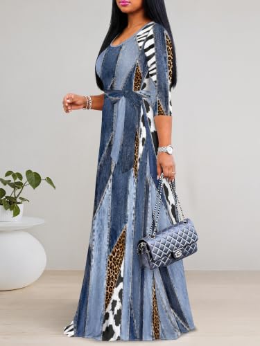 Image of Women's V Neck Floral Maxi Dress 3 /4 Sleeve Plus Size Boho Wrap Flowy Long Dresses with Belt