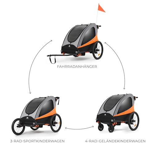Kinderkraft NAVA 3in1, Kinderwagen, Laufwagen und Fahrradanhänger, für ein oder zwei Kinder (bis 44 kg), Sonnenschutz, zwei unabhängige Bremsen, Aluminiumrahmen, leicht zu falten,Orange