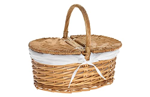 HERSIG - Cesta Mimbre Grande con asa – Cestas de Mimbre Multiusos - Cestas con Tapa para Picnic - Cesta Picnic Ovalada Miel 35 x 25 x 17/30 cm