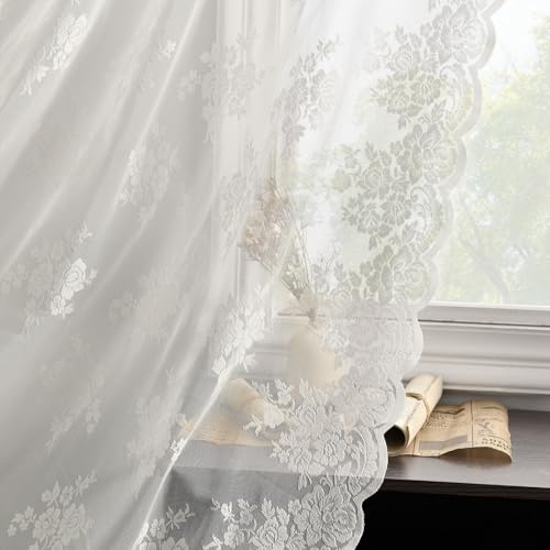 Image of Kotile Lace Curtains for Windows 54 Drop 2 Panels Country Rustic Floral Embroidered Scalloped Edges Ivory Voile Sheer Curtains for Bedroom, Rod Pocket Privacy Vintage Sheer Net Curtains, 52 x 54 Inch