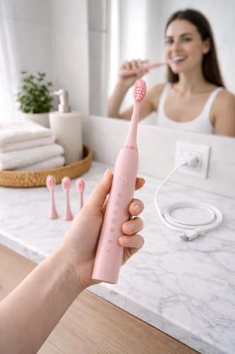 Image of Aura Essentials Sonic Electric Toothbrush for Adults & Kids | 5 Cleaning Modes | 34000 Strokes /Min | USB Rechargeable | 4 Brush Heads | Waterproof IPX7 | Deep Cleaning Electric Tooth Brush
