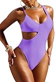 Pink Queen Women's High Cut One Piece Swimsuit Cutout Spaghetti Strap High Leg Monokini Bathing Suit Bikinis Purple S