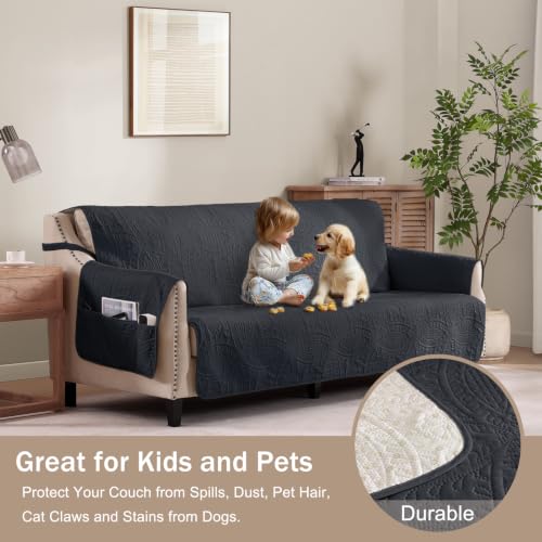 Image of Black Loveseat Covers 2 Cushion Couch, Water-Repellent Sofa Cover for Love Seat, Washable Quilted Couch Covers, Pet Friendly Sofa Slipcovers (Loveseat 56 inch, Black)