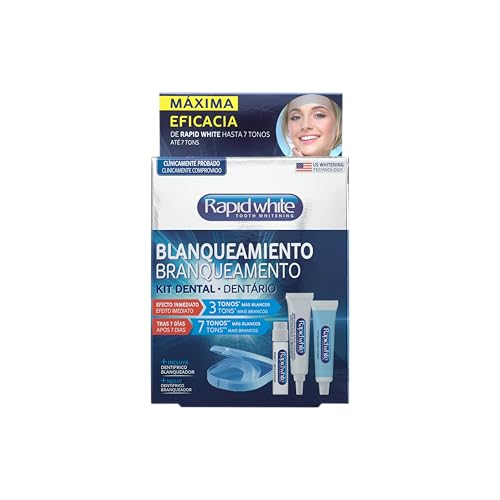 Rapid White, Kit de Blanqueamiento Dental con 2 Moldes Ajustables, Acelerador, Gel y Pasta de Dientes Blanqueadora, Hasta 7 Tonos Más Blancos en 1 Semana, Sin Peróxido de Hidrógeno