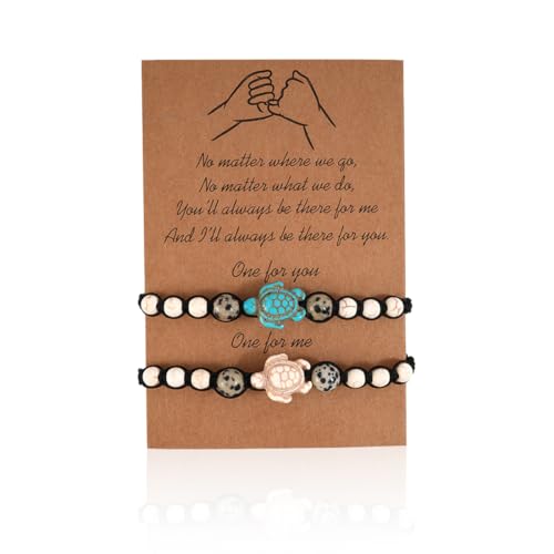 BCHKO 2 Piezas Pulsera de Amistad Hecha a Mano Significado Distancia Regalo para Mejor Amiga Pareja Amantes Chicas, Pulsera de Cuerda Ajustable con 1 Tarjeta de Deseo (Tortuga)