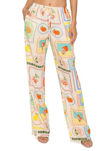 Cali1850 Women's Printed Linen Pants - 30" Inseam Drawstring Elastic Waist Casual Pull On Beach Lounge Trousers with Pockets — Amazon listing image