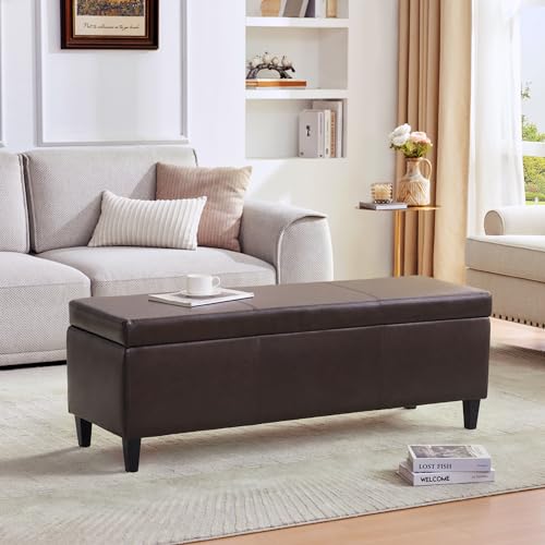 Image of HUIMO Faux Leather Storage Ottoman Bench 50.3 Inch Extra Long PU Upholstered Bedroom Bench with Large Storage Space for The Living Room, Entryway, Bedroom Hold Up to 300lbs (Brown)