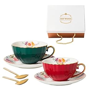 4 Pieces Porcelain Tea Set Coffee Cup Spoon and Saucer Set Coffee Cups Set Vintage Cappuccino Mugs Gift for Family or Friends, 200ml,B (A)