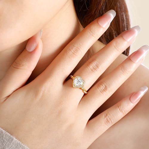 SILVERNANA 1.5ct Heart Cut Moissanite Engagement Ring for Women Yellow Gold Plated Sterling Silver Twisted Vine Heart Halo Promise Ring Size 9 — view 3