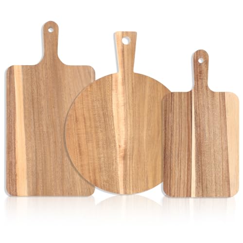Image of 3 Pcs Acacia Wood Chopping Boards with Handle, Square & Round Wooden Paddle Cutting Board Set Kitchen Food Serving Trays for Charcuterie Meat Pizza Cheese Bread Fruit Vegetables