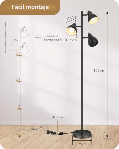 EDISHINE Lámpara de Pie Vintage con 3 interruptores para sala de estar 6