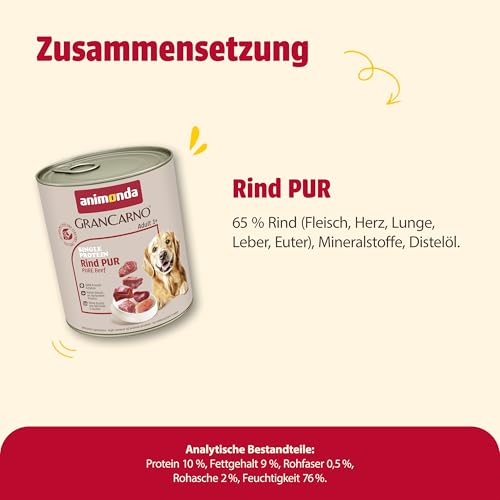 animonda GranCarno Hunde Nassfutter Single Protein Rind pur (6 x 800g), getreidefreies Hundenassfutter ohne Zucker, für ausgewachsene Hunde, mit frischem Rindfleisch und Innereien