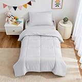 ZPECC Toddler Bedding Set - 4 Piece Hypoallergenic Baby Crib Bedding Set for Boys and Girls, Includes Toddler Comforter, Flat Sheet, Fitted Sheet and Pillowcase, White Stripe