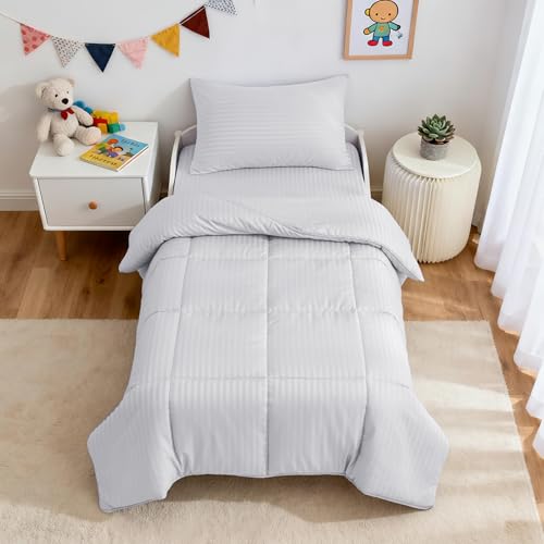 Image of ZPECC Toddler Bedding Set - 4 Piece Hypoallergenic Baby Crib Bedding Set for Boys and Girls, Includes Toddler Comforter, Flat Sheet, Fitted Sheet and Pillowcase, White Stripe