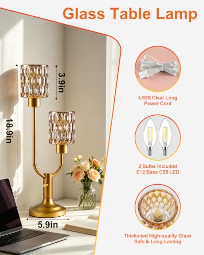 Image of Lightdot Mid Century Modern Table Lamp Vintage Gold Lamp Dimmable Gift | Nightstand Lamp Amber Glass Desk Lamp 2 Bulbs Included Warmwhite Ambient Bedside Lamps for Bedroom Living Room Home Decor