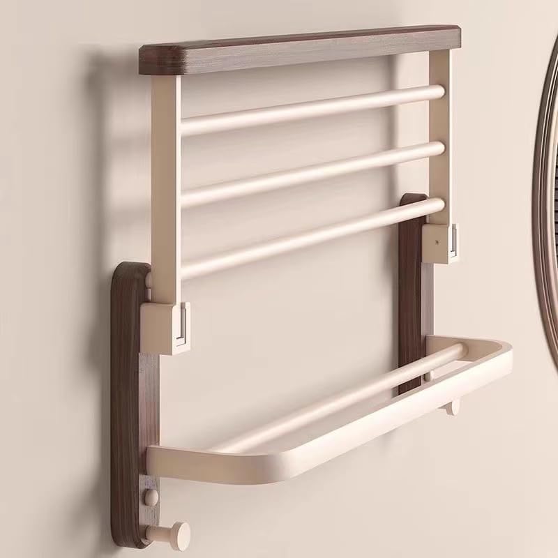 24-Inch Bathroom Towel Rack Wall Mounted - Foldable Oak Wood Towel Shelf with Bar and 5 Hooks, Modern Towel Holder and Metal Bar for Bathroom Decor (Cream White, 24Inch-60Cm-Oak Wood 2Bars)