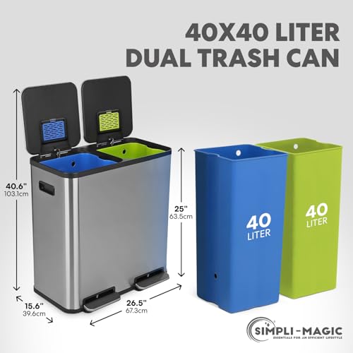 SIMPLI-Magic-21-Gallon-80L-Dual-Compartment-Kitchen-Trash-Can-Hands-Free-Step-Pedal-Soft-Close-Lid-Stainless-Steel-Recycling-Bin-with-Odor-Filter-40L-40L