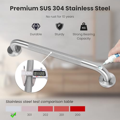 16 Inch Brushed Silver Stainless Steel Grab Bar with Knurled Grip, Sturdy & Stable Handicap Grab Bars,Space-Saving Wall Mounted Shower Grab Bars,Safety Hand Rail Support to 500 lbs,ADA Compliant
