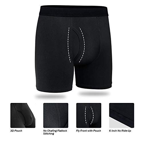 Longfor Mens Boxer Briefs, Cotton Underwear Comfy Breathable Tagless No Ride-Up 6’’ Regular Leg Sport Boxer Briefs With Fly 5Pack Black #TOP2