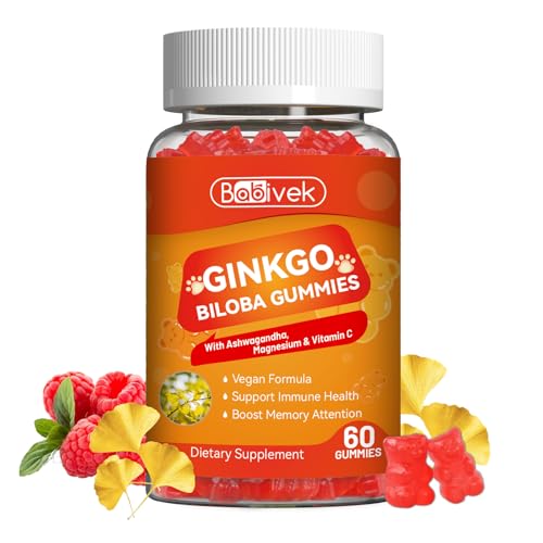 Babivek Ginkgo Biloba Gummies with Ashwagandha Vitamin C & Magnesium - Vegan Non-GMO Gluten-Free - Raspberry Flavor 60 Count