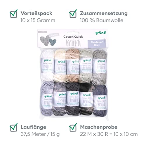 Gründl Cotton Quick Mini Shades of Grey Strick- und Häkelset, 10x15g, 100% Baumwolle – Bild 2