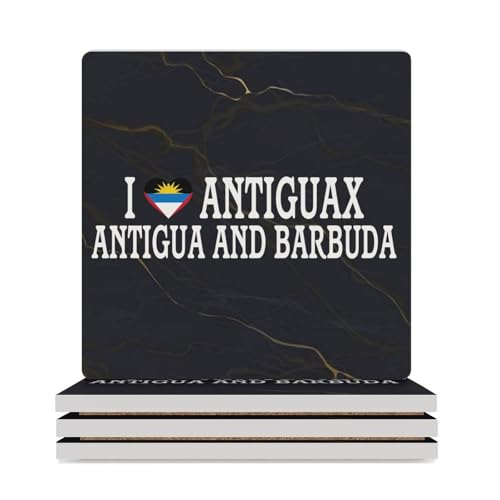 I Love Antigua-et-Barbuda Lot de 4 dessous de verre carrés absorbants avec base pour la maison, les boissons, le bar, la cuisine