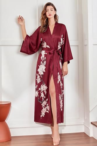 Image of BABEYOND Kimono Robe Cover up with Box Long Floral Satin Sleepwear Silky Bathrobe Bachelorette Robe