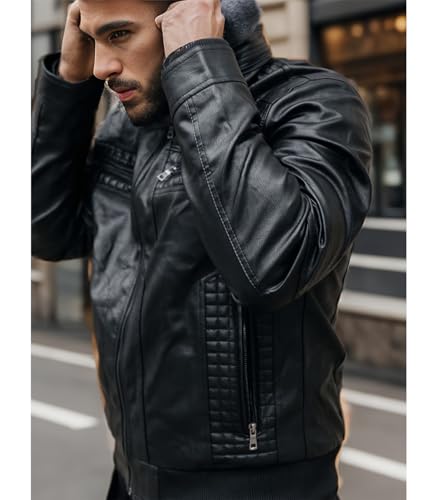 INVACHI Men\'s Faux Leather Bomber Motorcycle Jacket with Removable Hood Waterproof Vintage Biker Casual Jackets (US, Alpha, Large, Regular, Regular, Black)