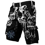 Détails du design : short cargo, motif tête de mort rétro imprimé, longueur courte, doublure en maille, short de plage / maillot de bain 2 en 1, multicolore