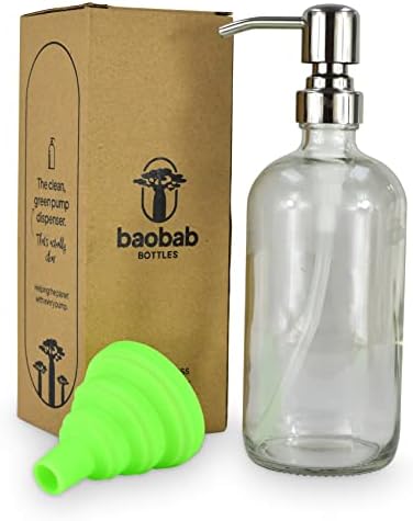 Baobab Bottles Clear Soap Dispenser Glass Bottles - Reusable Hand Soap Washing Up Liquid Dispenser for Countertop - Premium Stainless Steel Pump Bottle Dispenser - Filling Funnel Included