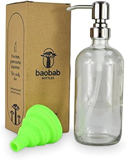 Baobab Bottles Clear Soap Dispenser Glass Bottles - Reusable Hand Soap Washing Up Liquid Dispenser for Countertop - Premium Stainless Steel Pump Bottle Dispenser - Filling Funnel Included