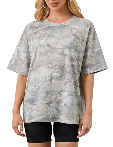 Image of MSBESYOR Camo Shirt for Women Maple Leaf Print Short Sleeve Crewneck T-Shirts Summer Oversized Tee Shirts Streetwear