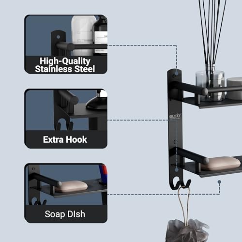 Image of GLOXY Premium Stainless Steel Black Matt Finish 2 Layer Bathroom Shelf Rack with Soap Holder, Liquid Soap Dispenser & Toothpaste Holder - 4 in 1 Washroom Rack for Home, Office, Hotels & Restaurants