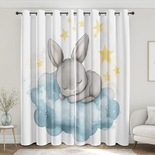 Rabbit Sleeping Curtains for Nursery Bedroom 63 Inch Length 2 Panels, Cute Stars Clouds Kids Blackout Curtains, Thermal Insulated Grommet Window Curtain for Living Room Drapes a1FT&-226