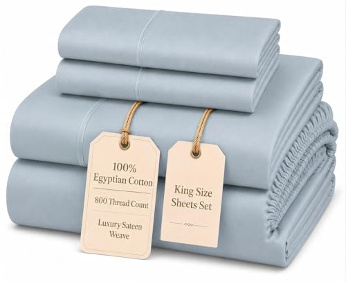 Image of Egyptian Cotton Sheets For King Size Bed, King Sheet Set - French Blue | 800 Thread Count 15 inch Deep Pocket Sateen Weave 4 Piece Sheet & Pillowcase Sets, Soft, Naturally Breathable & Cooling Sheets