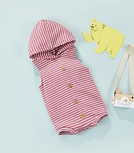 Newborn Baby Boy Girl Unisex Romper Infant Toddler One Piece Hooded Striped Bodysuits Sleeveless Buttons Clothes (B~Red , 3-6 Months ) #TOP2