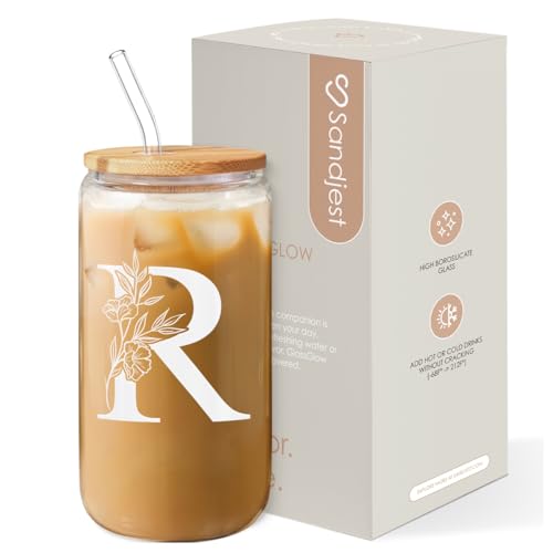 SANDJEST Monogrammed Gifts for Women - Monogram R Initial Glass Cup 16 Oz Can Coffee Cups with Lid and Straw - Monogram Initials Gifts for Womens on Birthday