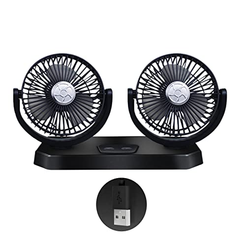 Ventilador de cabeza ajustable con doble alimentación USB y flujo de aire rotativo de 360°
