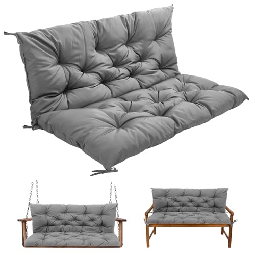 Warmiehomy 2/3 Seater Patio Swing Cushion with Backrest, Waterproof Garden Bench Cushion with Back, 120x100x8cm Comfortable Outdoor Bench Seat Cushion with Non-Slip Straps for Canopy Furniture, Grey
