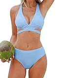 CUPSHE Damen Bikini Set V Ausschnitt Schlitz Lace Up Mid Waist Texturierte Bademode Zweiteiliger Badeanzug Swimsuit M