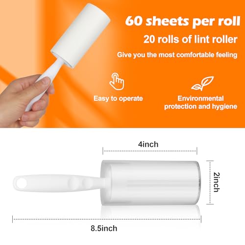 20 Rollen (1200 Blatt) Fusselrolle, mit 2 Griffe und 2 Staubschutz, Ideal als Fusselrolle tierhaare, Fusselbürste kleidung oder lint roller für Kleidung, Fusselroller, Bett,Sofa,Katzen- und Hundehaare
