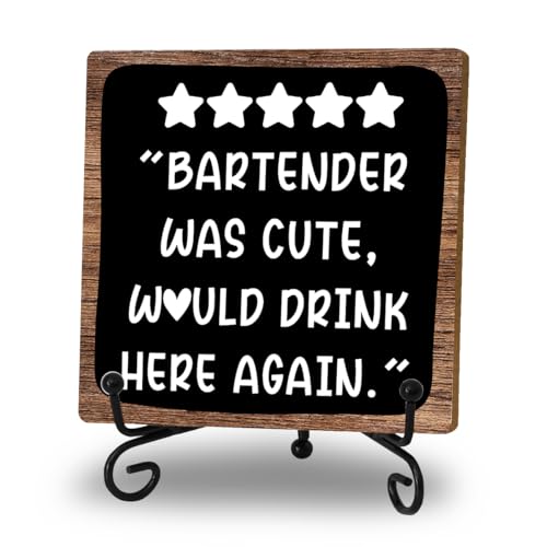 Funny Bartender Review Desk Sign, Funny Home Bar Plaque, Wooden with Stand