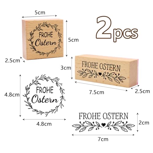 2 Stücke Stempel Frohe Ostern Motivstempel aus Holz, Ostern Stempel Blumenkranz für Scrapbooking OsterKarten Basteln, Geschenkpapier DIY Dekoration