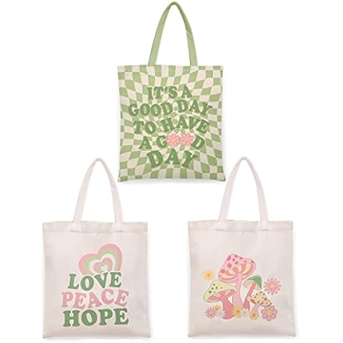 Percozzi 3 Pieces Danish Pastel Canvas Tote Bag Green and Pink Mushroom Shopping Bags Y2K Aesthetic Shoulder Bags for Supplies Gift Cover