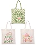 Percozzi 3 Pieces Danish Pastel Canvas Tote Bag Green and Pink Mushroom Shopping Bags Y2K Aesthetic Shoulder Bags for Supplies Gift