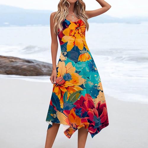 FlekmanArt Women's Summer Floral Sleeveless Midi Dress Hankerchief Hem