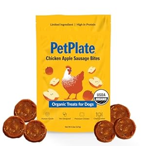 PetPlate Chicken Apple Sausage Bites, Human Grade Dog Treats, All Life Stages, Grain-Free, Organic and Real Ingredients, High Protein, Healthy Snacks (Pack of 1, 4.5 Ounce)
