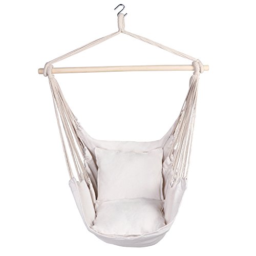 Y- STOP Hammock Chair Hanging Rope Swing, Max 320 Lbs, 2 Seat Cushions Included, Hanging Chair with Pocket, Quality Cotton Weave, for Indoor and Outdoor, Beige