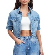 LifeShe Women Stretch Cropped Denim Jacket Short Sleeves Button Down Trucker Jean Jackets Coats