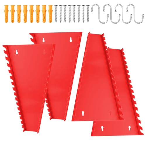 Jebousike 64 Slots ABS Wrench Organizer, Wrench Holder Tray Set, Wall-Mounted Tool Organizer 4 Pack Wrench Holder for Wrench Storage Fit SAE & Metric with Screws&S Hook(Red)